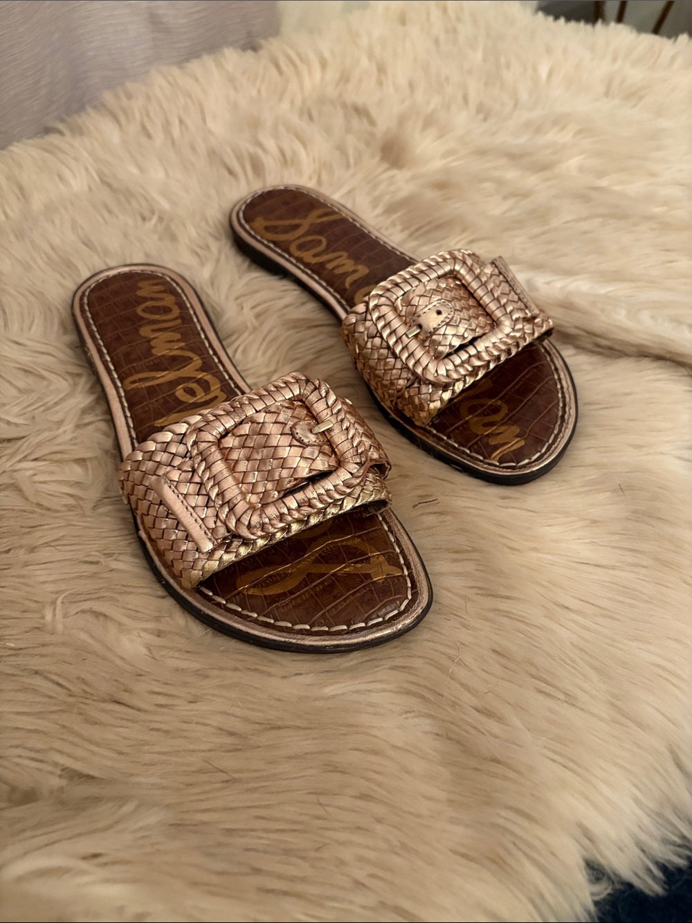 Sam Edelman Rose Gold Woven Buckle Slide Sandals